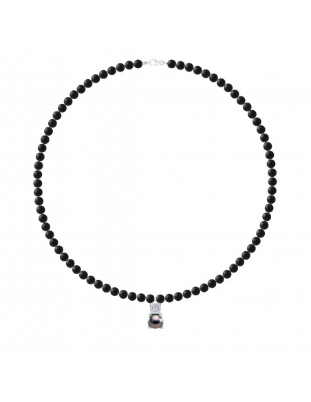 Tiki Pearl Necklace Tahiti Round 9-10 mm in Black Agate Matte - Silver 925 - Nui