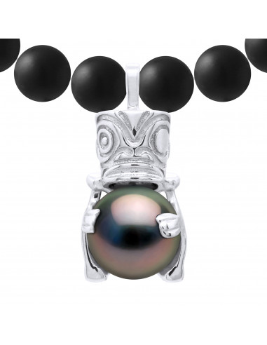 Tiki Pearl Halskette Tahiti Runde 9-10 mm in schwarzer Achat Matte - Silber 925 - NUI