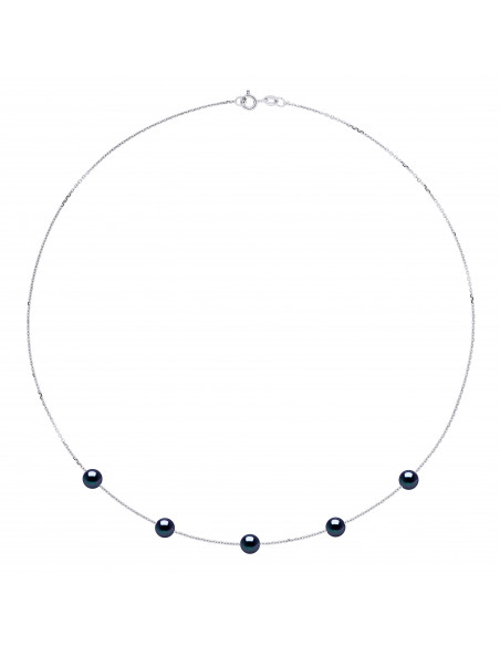 Necklace 5 round cultured beads 6 mm in 925 silver - 5 color - Romy