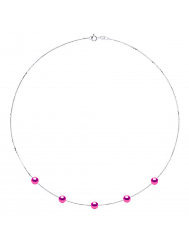 Necklace 5 round cultured beads 6 mm in 925 silver - 5 color - Romy